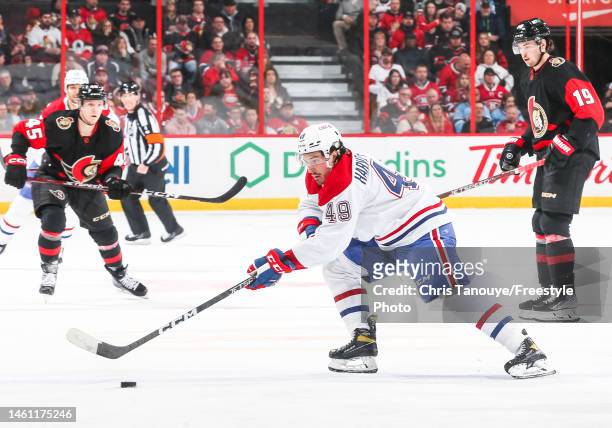 Rafael Harvey-Pinard of the Montreal Canadiens skates against the Ottawa Senators at Canadian Tire Centre on January 28, 2023 in Ottawa, Ontario,...