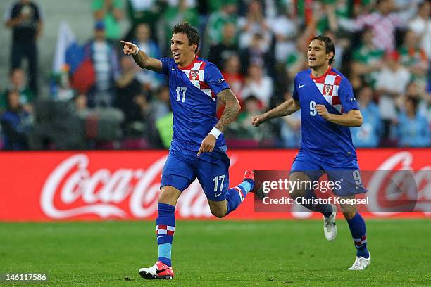 Mario Mandzukic of Croatia celebrates scoring their first goal during the UEFA EURO 2012 group C between Ireland and Croatia at The Municipal Stadium...