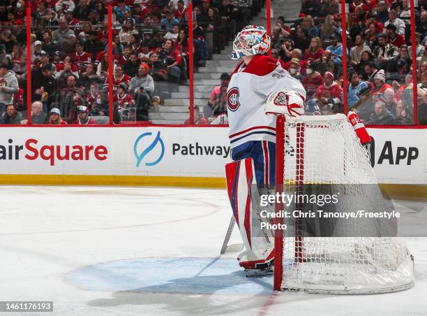 Sam Montembeault of the Montreal Canadiens skates against the Ottawa Senators at Canadian Tire Centre on January 28, 2023 in Ottawa, Ontario, Canada.