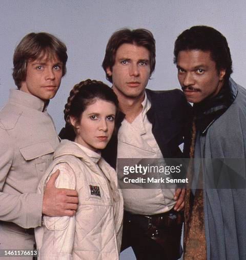 Actors Carrie Fisher, Harrison Ford, Mark Hamill and Billy Dee Williams pose for a portrait on the set of Star Wars: The Empire Strikes Back in 1979...