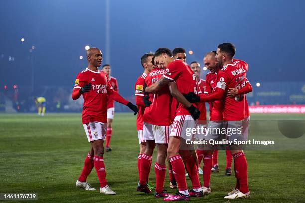 Peter Musa of SL Benfica celebrates with his team mates after scoring his team's third goal during the Liga Portugal Bwin match between FC Arouca and...