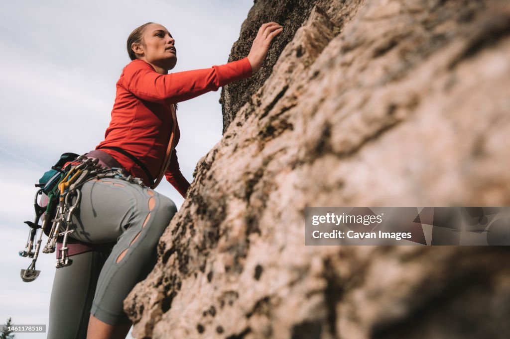 A woman in a red shirt rock climbing on a sunny day