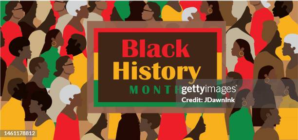 ilustraciones, imágenes clip art, dibujos animados e iconos de stock de concepto de febrero del mes de la historia negra con siluetas de personas. diseño de plantilla de banner horizontal, póster con texto - black history in the us