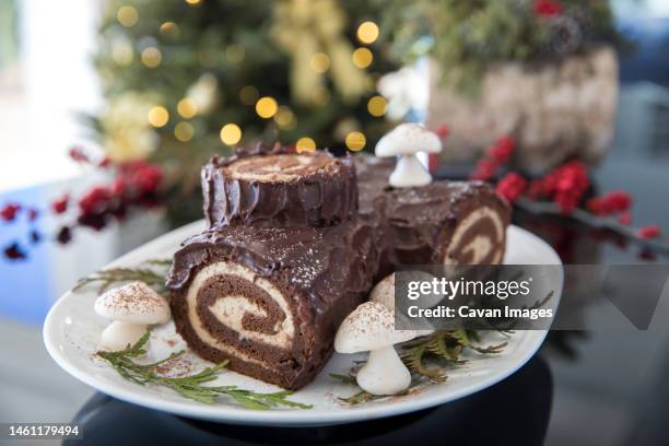 decorated yule log with christmas tree in the background - buche de noel stock pictures, royalty-free photos & images