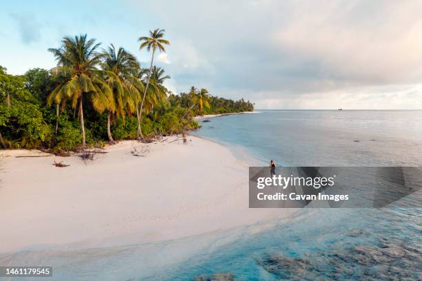 aerial view of man standing at the beach - maldives sport stock pictures, royalty-free photos & images