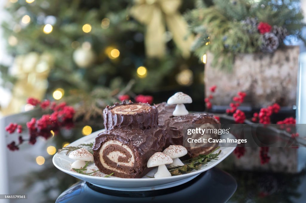 Decorated yule log with christmas tree in the background