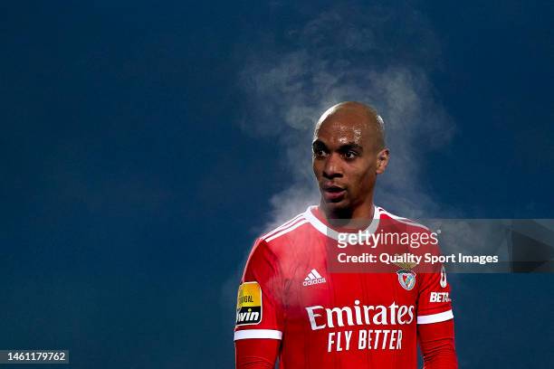 Joao Mario of SL Benfica looks on during the Liga Portugal Bwin match between FC Arouca and SL Benfica at Arouca Municipal Stadium on January 31,...