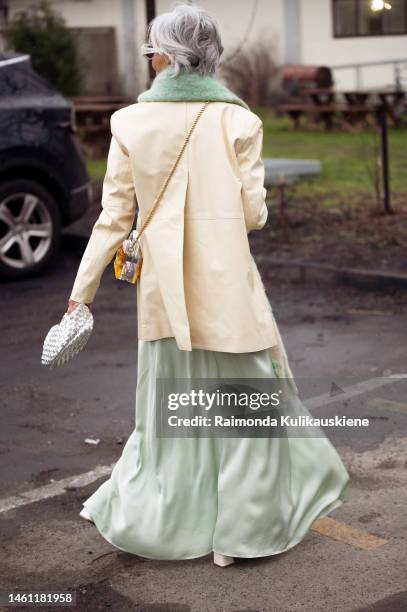 Grece Ghanem wears a mint green scarf, silk dress, mustard yellow blazer, silver Bottega Veneta bag, and white sunglasses outside Aeron during the...