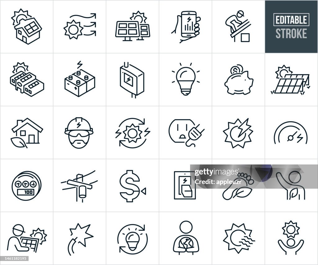 Solar Energy Thin Line Icons - Editable Stroke - Icons Include Renewable Energy, Electricity, House With Solar Panels, Business With Solar Panels, Solar Panels, Solar Power