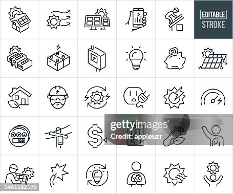 Solar Energy Thin Line Icons - Editable Stroke - Icons Include Renewable Energy, Electricity, House With Solar Panels, Business With Solar Panels, Solar Panels, Solar Power Solar Energy Thin Line Icons - Editable Stroke - Icons Include Renewable Energy, Electricity, House With Solar Panels, Business With Solar Panels, Solar Panels, Solar Power