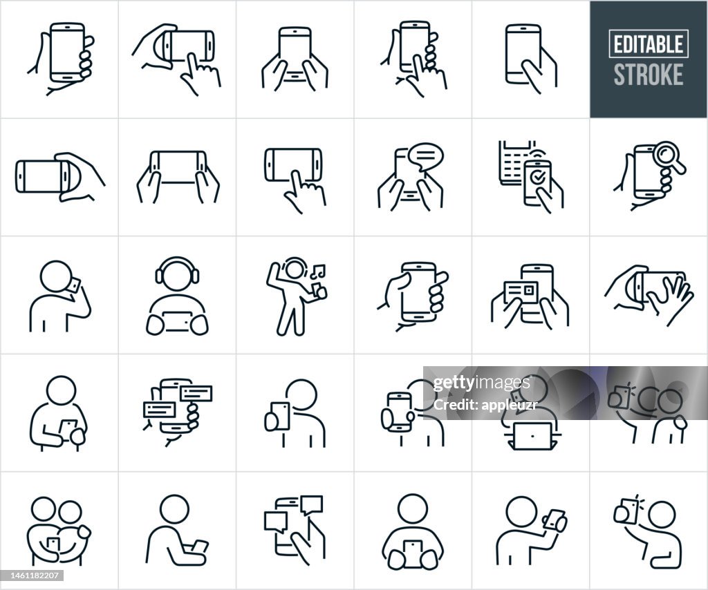 Smartphones, Mobile Phones And Cell Phones Thin Line Icons - Editable Stroke - Icons Include People Talking On Phones, Texting, Touchscreen, Watching Video, Using the Internet