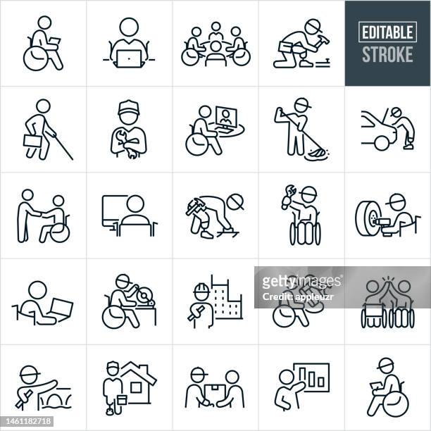 people with disabilities working jobs thin line icons - editable stroke - icons include a business person in wheelchair working, construction worker with prosthetic leg, careers, professionals, employment - disability 幅插畫檔、美工圖案、卡通及圖標