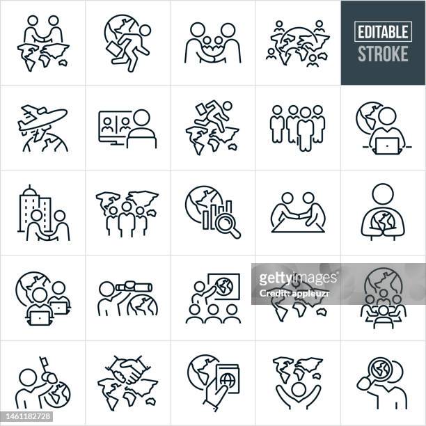 stockillustraties, clipart, cartoons en iconen met global business thin line icons - editable stroke - icons include international trade, foreign relations, business people shaking hands, deals, corporate business, countries, world map - globe businessman