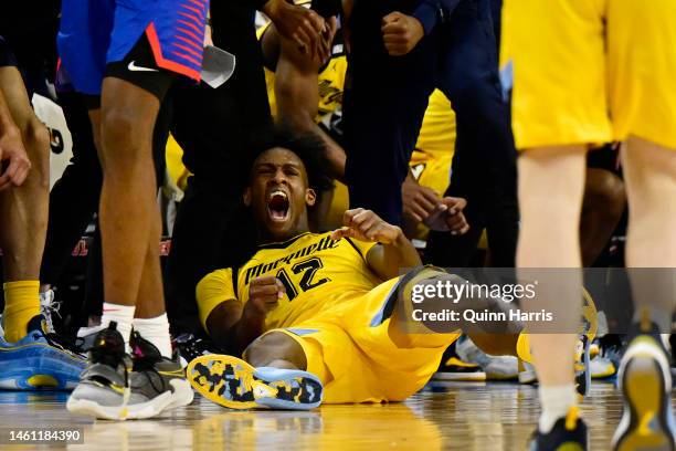 Olivier-Maxence Prosper of the Marquette Golden Eagles reacts after being fouled during his 3-point basket against the DePaul Blue Demons at Wintrust...