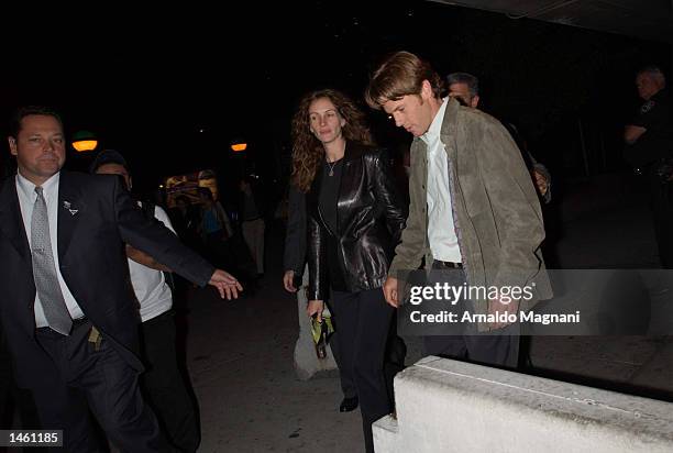 Actress Julia Roberts and husband Danny Moder leave the screening of "Punch-Drunk Love" at Alice Tully Hall during the 10th Annual New York Film...
