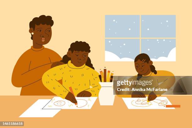 ilustraciones, imágenes clip art, dibujos animados e iconos de stock de una madre negra, su hija y su hijo disfrutan coloreando en interiores en invierno - mother and son playing