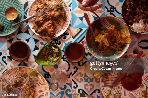 authentic mexican food on a table at a party - nachos guacamole stock pictures, royalty-free photos & images