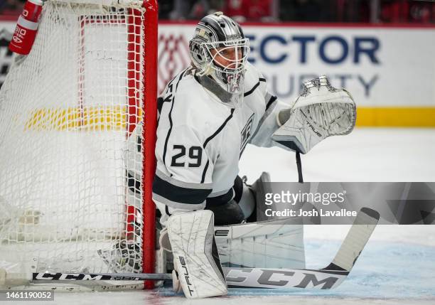 Pheonix Copley of the Los Angeles Kings tends net during the first period against the Carolina Hurricanes at PNC Arena on January 31, 2023 in...