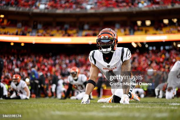 Ja'Marr Chase of the Cincinnati Bengals stretches prior to the AFC Championship NFL football game between the Kansas City Chiefs and the Cincinnati...