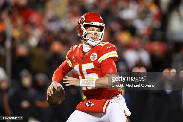 Patrick Mahomes of the Kansas City Chiefs passes the ball during the AFC Championship NFL football game between the Kansas City Chiefs and the...