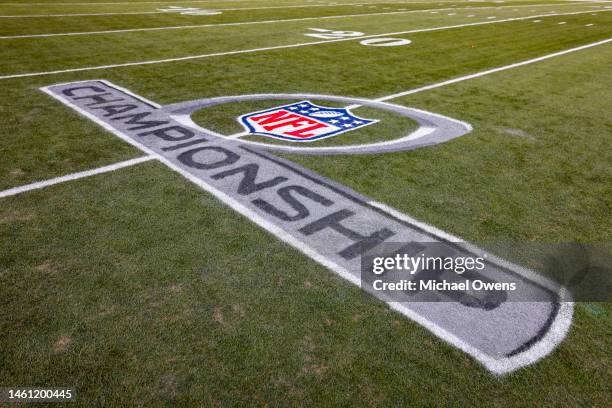 General view of the championship logo prior to the AFC Championship NFL football game between the Kansas City Chiefs and the Cincinnati Bengals at...