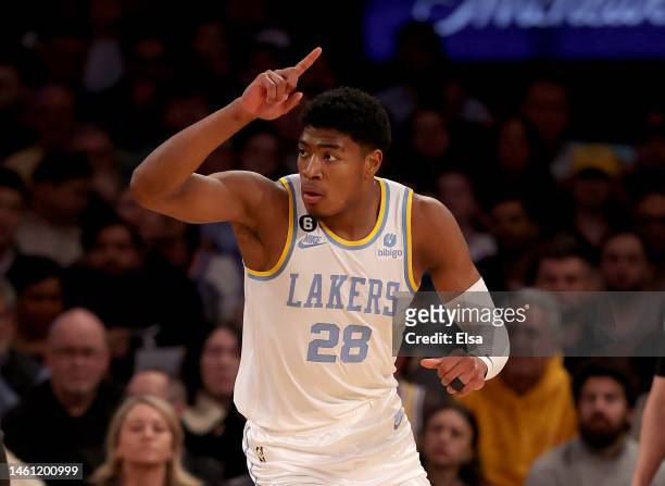 Rui Hachimura of the Los Angeles Lakers celebrates his three point shot in the first quarter against the New York Knicks at Madison Square Garden on...