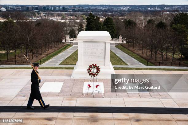 honor guard at the tomb of the unknown soldier in arlington national cemetery, arlington, virginia, usa - tomb of the unknown soldier arlington photos et images de collection