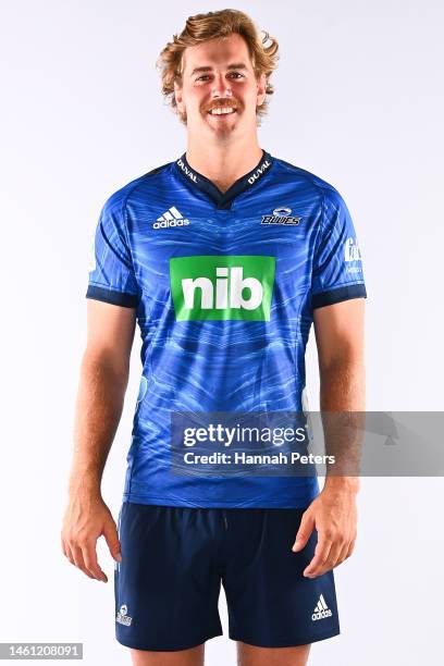 Sam Darry poses during the Blues Super Rugby 2023 team headshots session at Blues HQ on January 25, 2023 in Auckland, New Zealand.