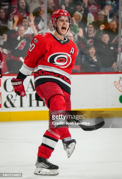 Sebastian Aho of the Carolina Hurricanes celebrates after scoring the game-winning goal in overtime to defeat the Los Angeles Kings at PNC Arena on...