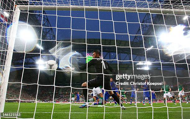 Stipe Pletikosa of Croatia fails to stop Sean St Ledger of Republic of Ireland's goal during the UEFA EURO 2012 group C between Ireland and Croatia...