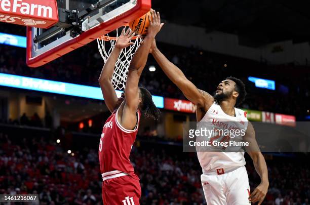 Donta Scott of the Maryland Terrapins blocks the shot of Malik Reneau of the Indiana Hoosiers in the first half at Xfinity Center on January 31, 2023...