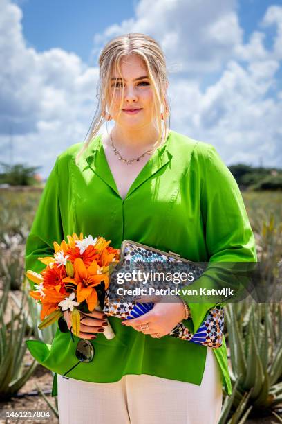 Princess Amalia of the Netherlands visits Royal Aruba Aloe during the Dutch Royal Family Tour of the Dutch Caribbean Islands on January 31, 2023 in...