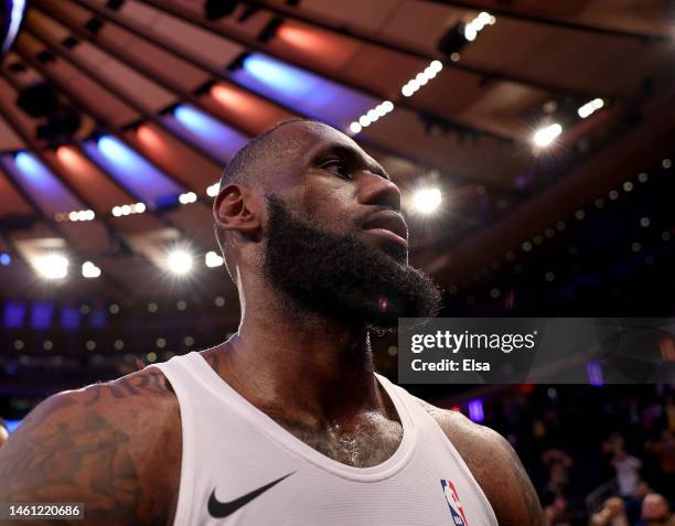 LeBron James of the Los Angeles Lakers leaves the court after the game New York Knicks at Madison Square Garden on January 31, 2023 in New York City....