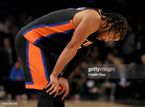 Jalen Brunson of the New York Knicks reacts to the loss to the Los Angeles Lakers at Madison Square Garden on January 31, 2023 in New York City. The...