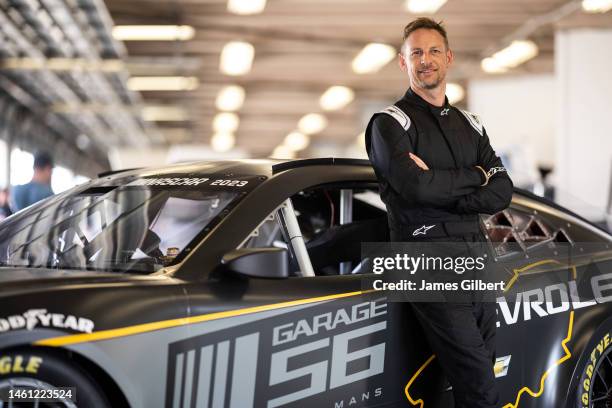 Jenson Button of Great Britain poses for a photo during the NASCAR Garage 56 Test at Daytona International Speedway on January 31, 2023 in Daytona...