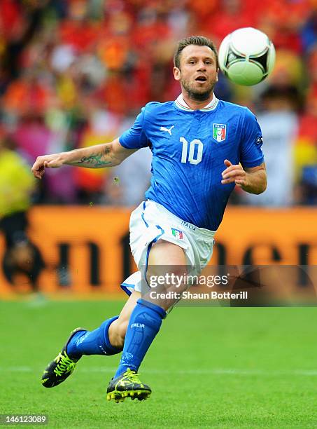 Antonio Cassano of Italy with the ball during the UEFA EURO 2012 group C match between Spain and Italy at The Municipal Stadium on June 10, 2012 in...