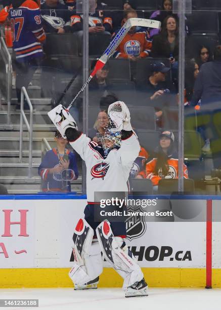 Elvis Merzlikins of the Columbus Blue Jackets having fun during the warm up against the Edmonton Oilers on January 25, 2023 at Rogers Place in...