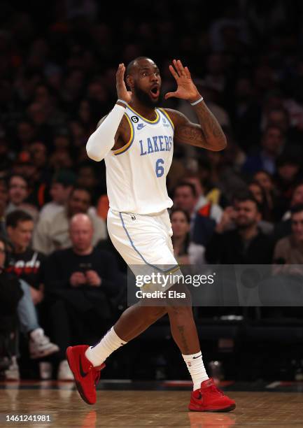 LeBron James of the Los Angeles Lakers reacts to a call in the third quarter against the New York Knicks at Madison Square Garden on January 31, 2023...