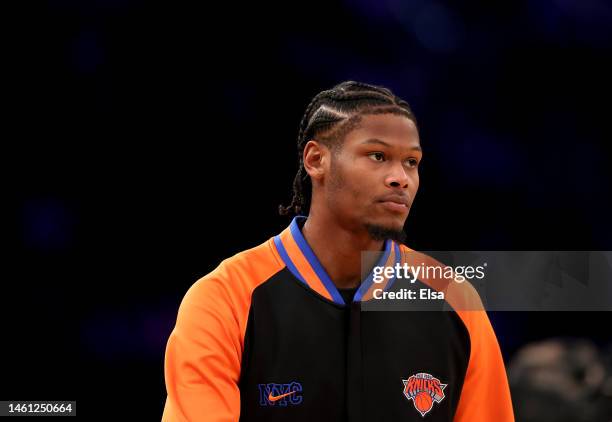 Cam Reddish of the New York Knicks warms up before the game against the Los Angeles Lakers at Madison Square Garden on January 31, 2023 in New York...