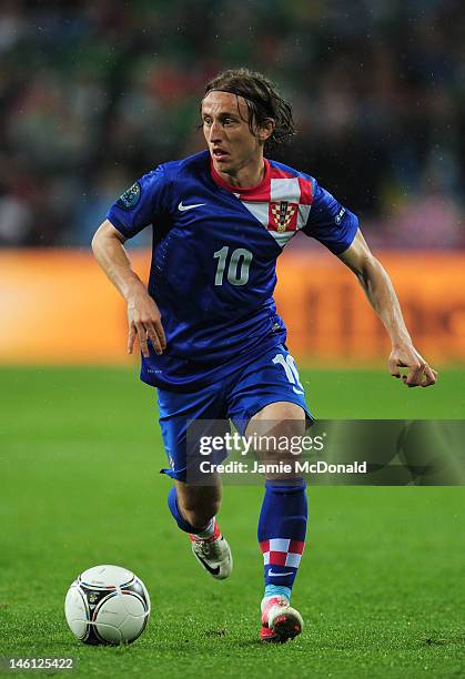 Luka Modric of Croatia with the ball during the UEFA EURO 2012 group C between Ireland and Croatia at The Municipal Stadium on June 10, 2012 in...