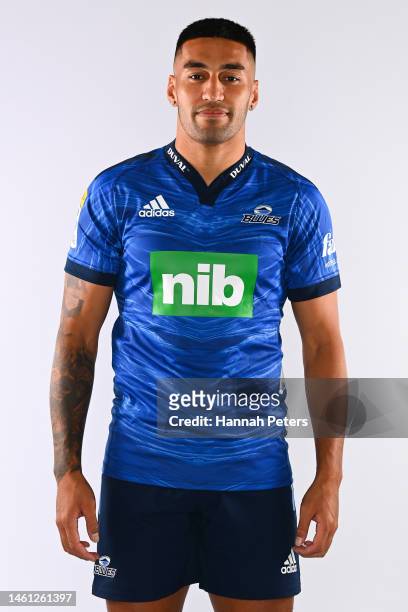 Rieko Ioane poses during the Blues Super Rugby 2023 team headshots session at Blues HQ on January 25, 2023 in Auckland, New Zealand.