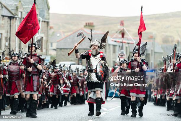Guizer Jarl is Neil Moncrieff leads his squad through Lerwick for the morning procession of Up Helly Aa 2023 on January 31, 2023 in Lerwick,...