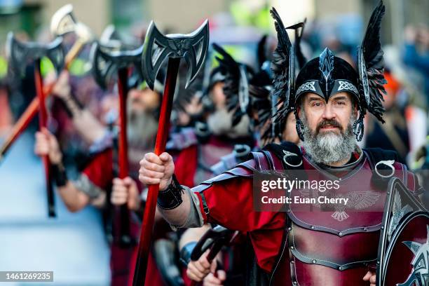 Members of Guizer Jarl Neil Moncrieff's squad during the morning procession of Up Helly Aa 2023 on January 31, 2023 in Lerwick, Scotland. Neil and...