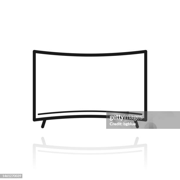 curved tv. icon with reflection on white background - tv white background angled stock illustrations