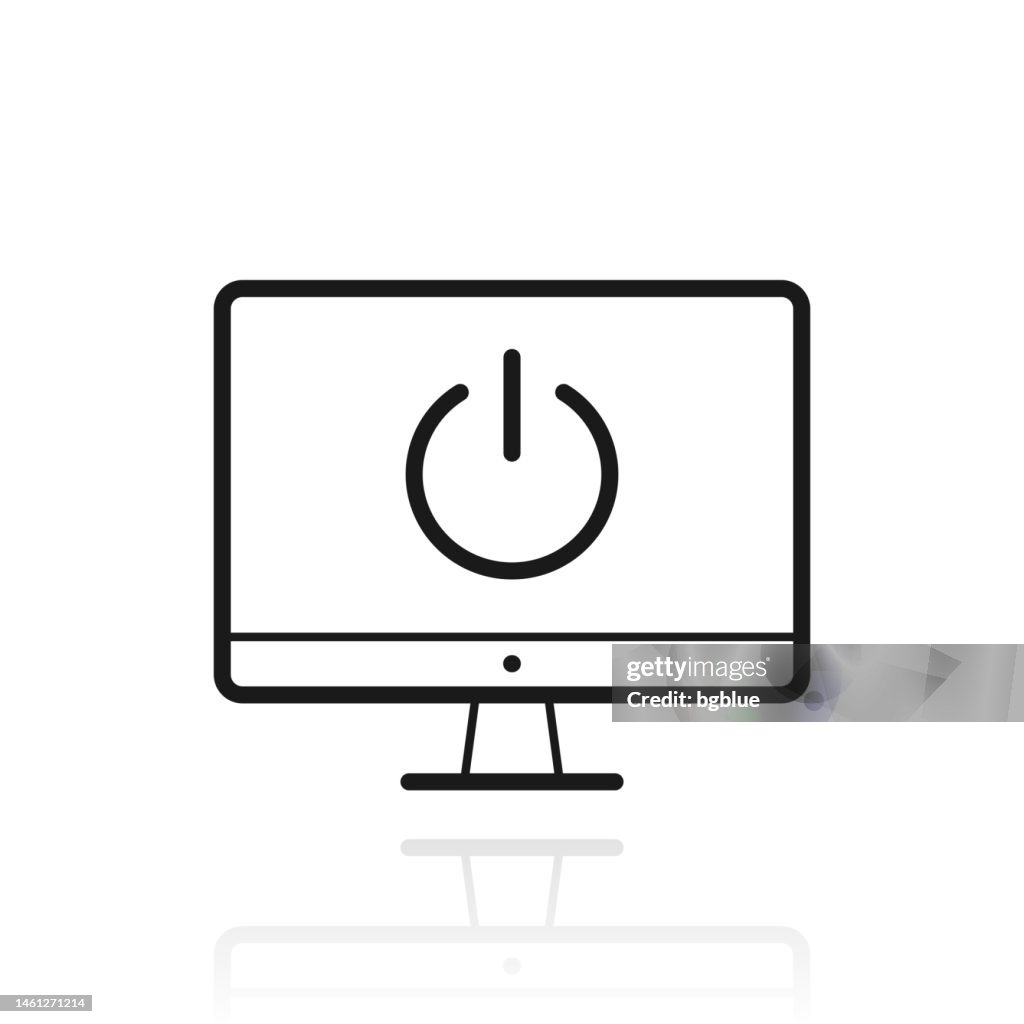 Desktop computer with power button. Icon with reflection on white background