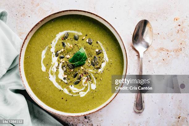 green vegetables soup with cream and croutons - sopa imagens e fotografias de stock