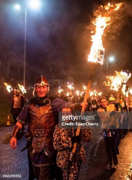 Young Guizers at the evening procession during the Junior Up Helly Aa on January 31,2023 in Lerwick, Scotland. Young girls for the first time have...