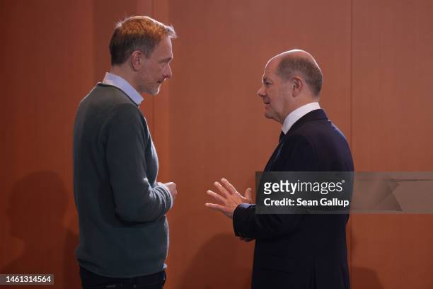 German Chancellor Olaf Scholz and Finance Minister Christian Lindner chat prior to the weekly government cabinet meeting on February 01, 2023 in...
