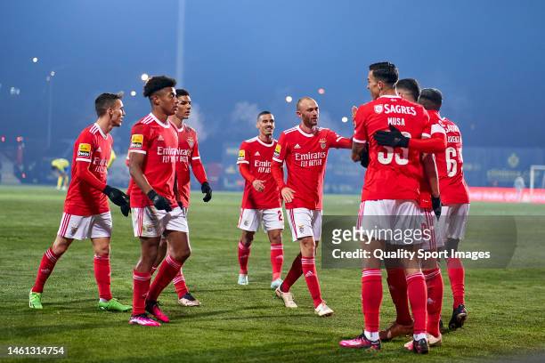 Peter Musa of SL Benfica celebrates with his team mates after scoring his team's third goal during the Liga Portugal Bwin match between FC Arouca and...