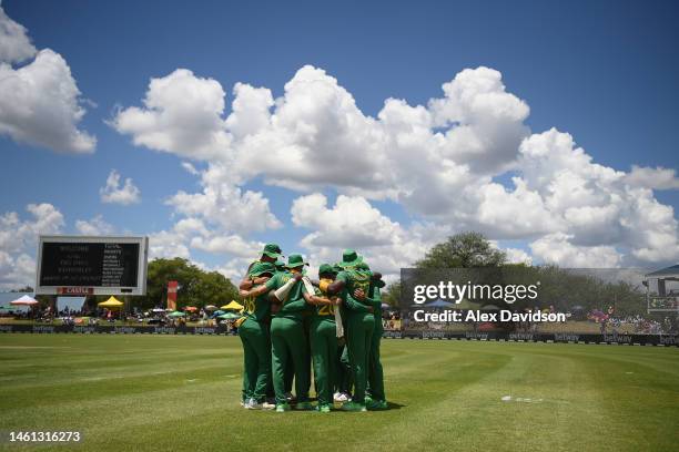 The South Africa team huddle prior to the 3rd ODI match between South Africa and England at De Beers Diamond Oval on February 01, 2023 in Kimberley,...